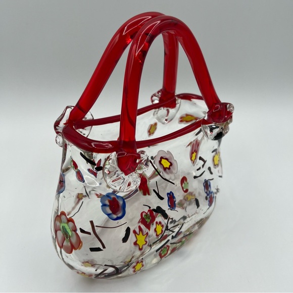 Vintage Hand Blown Purse Vase Floral Millefiori Art Glass Crystal Murano Style - Picture 1 of 13